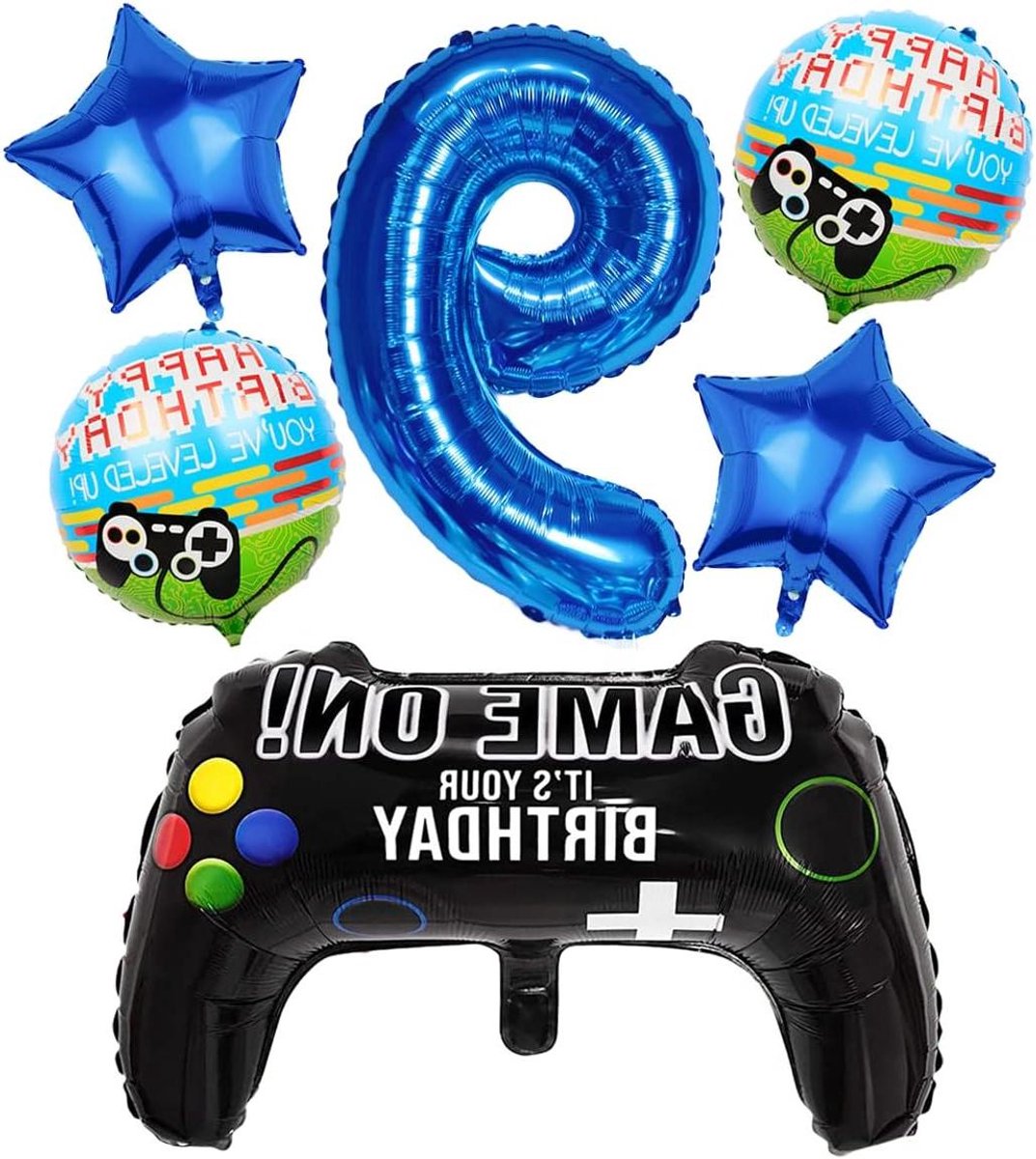 Nordivar - 9e verjaardag decoratie jongens | Gamethema party decoratie cijfer 9 folieballon blauw | Grote gamecontroller & ster ballon | Kinderen jongen verjaardag mottoparty